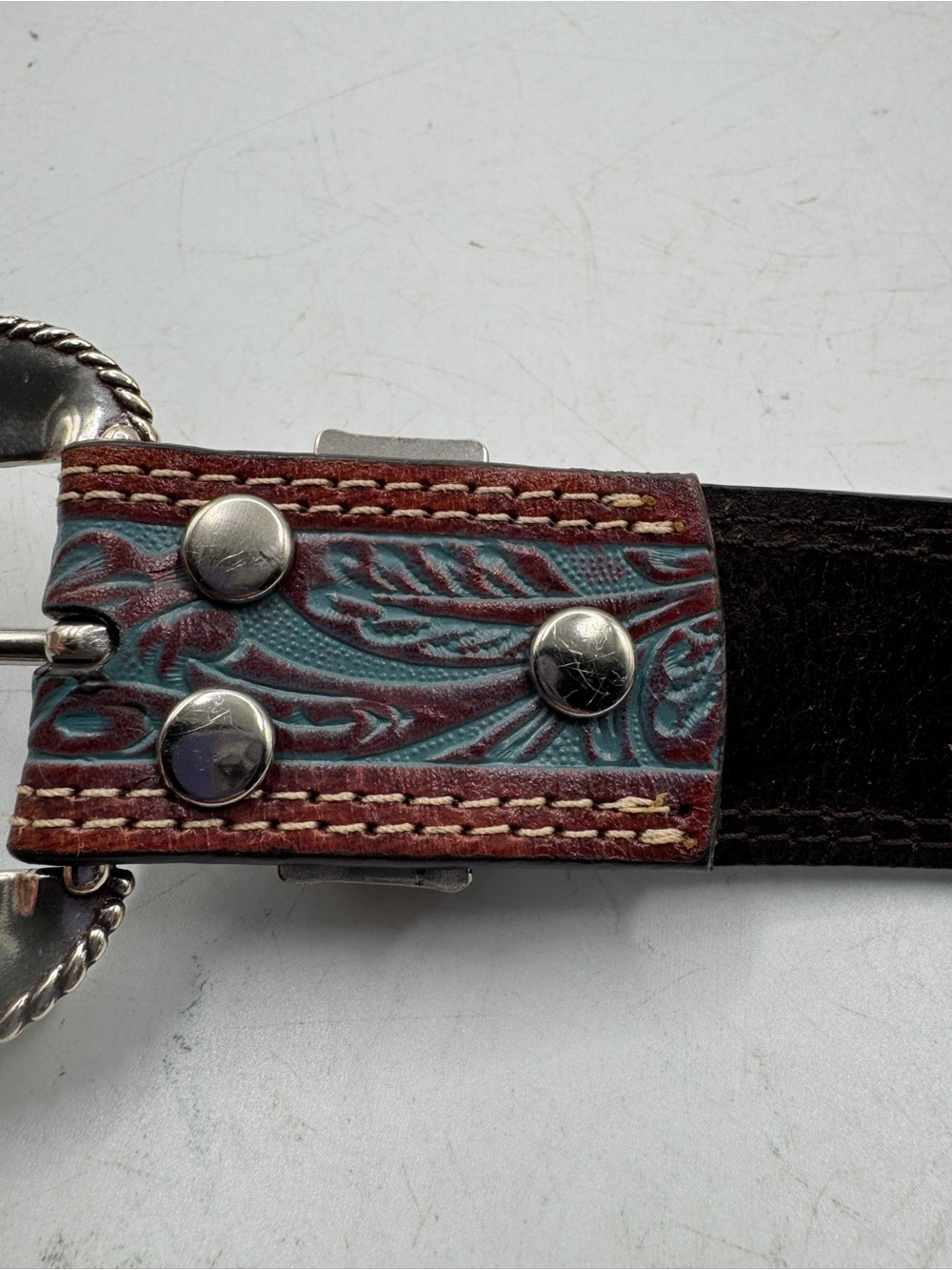 Tooled Leather Western Belt with Ornate Sparkle Floral Buckle - Teal & Brown XL - Picture 10 of 12